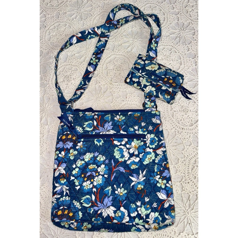 Vera Bradley Crossbody Hipster Purse Adj. Strap Blue Floral Burst w/ Wallet Set